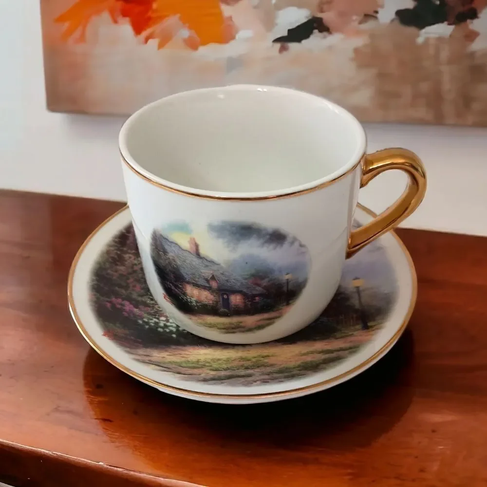 Thomas Kinkade Moonlight Cottage Tea Cup Saucer‎ Vase Teleflora Gold Trim Set